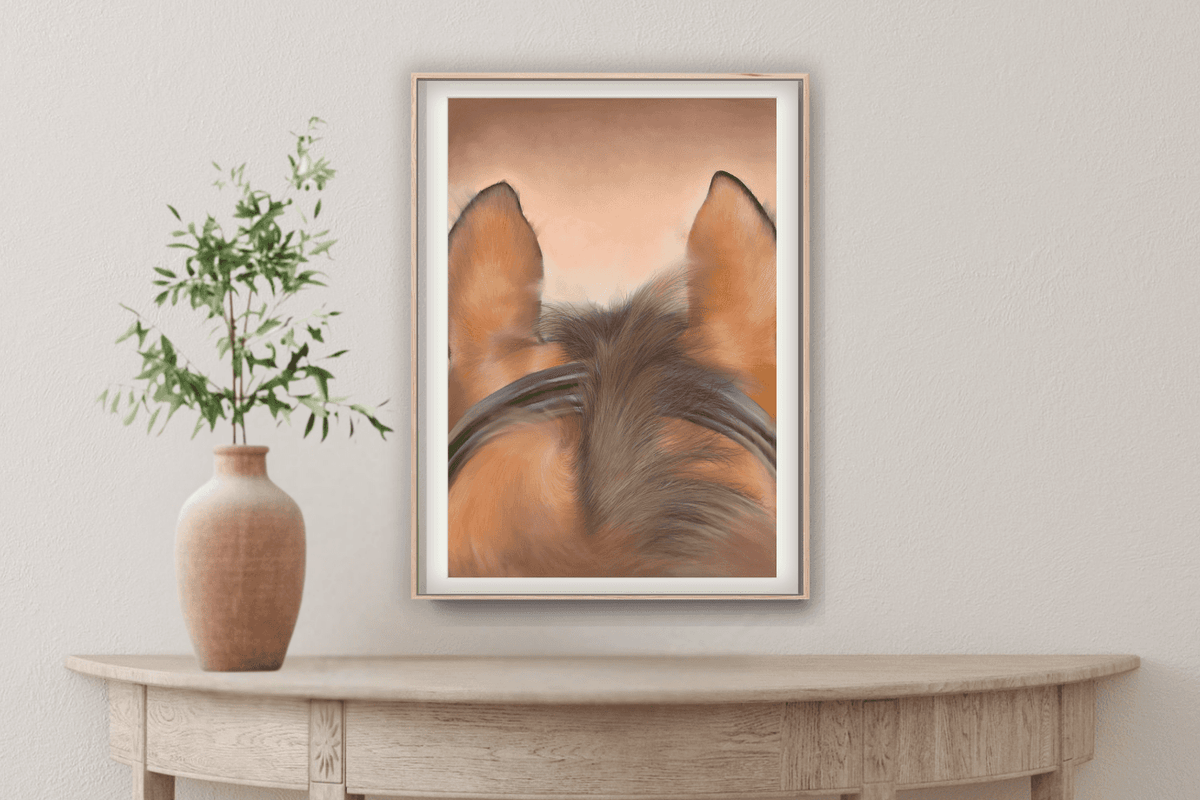 Horse Riding Equestrian Fine Art Print in a light wood frame on a curved table with a terracotta vase, perfect for equestrian-themed interiors.