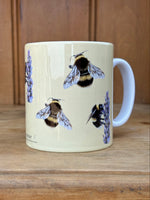 Bees Mug - Country Kitchenware with hand-drawn British wild bees and lavender on a cream ceramic coffee mug. Ideal for animal lovers' kitchens.