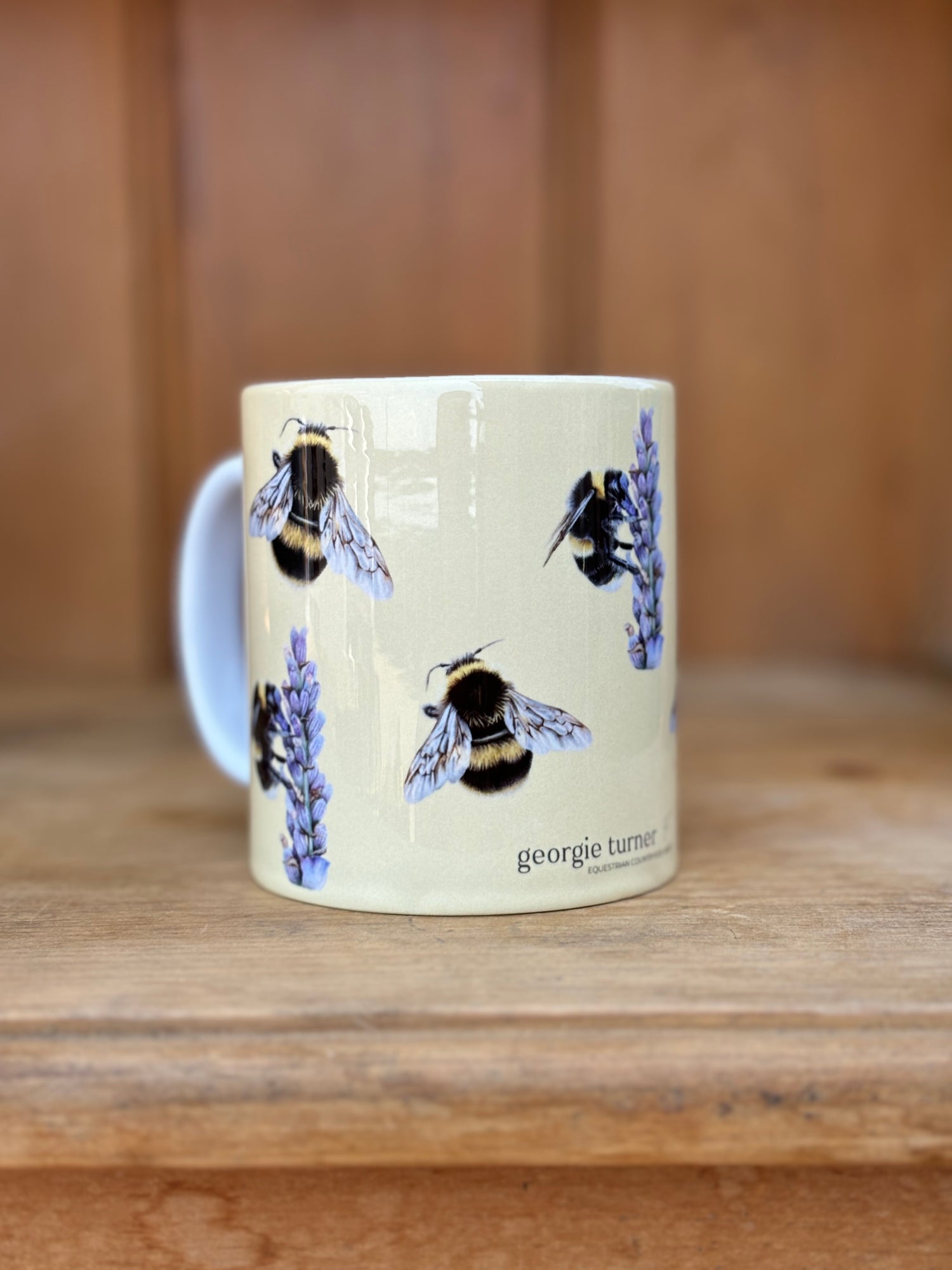 Bees Mug featuring British wild animal art by Georgie Turner, showcasing bees and lavender in a rustic country kitchen style. Perfect gift for nature fans.