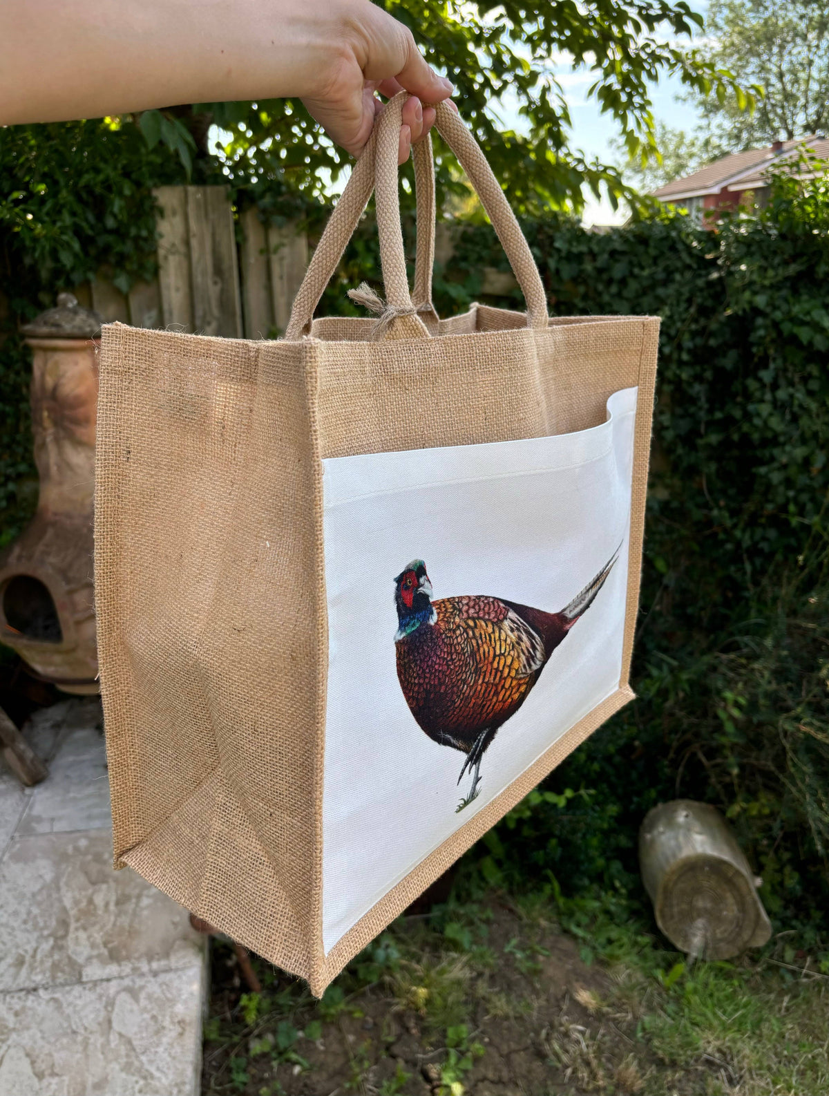 Side view of Pheasant Jute Shopping Bag with sturdy handles and spacious interior, perfect for reusable shopping and pheasant lovers' gifts.