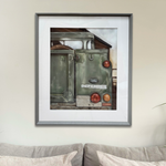 Framed Landrover Defender original artwork displayed above a sofa, ideal for country home decor and large wall art settings.