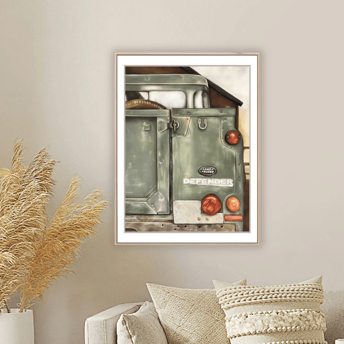 Landrover Print - Art Print | British Classic, Limited Edition displayed in a white frame above a beige sofa with neutral decor. Ideal for country living interiors.