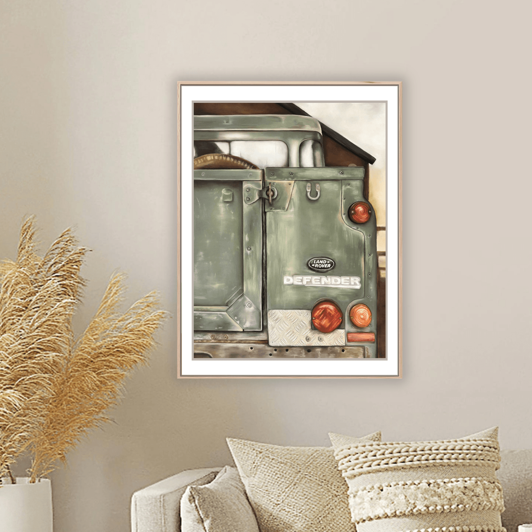 Landrover Print - Art Print | British Classic, Limited Edition displayed in a white frame above a beige sofa with neutral decor. Ideal for country living interiors.