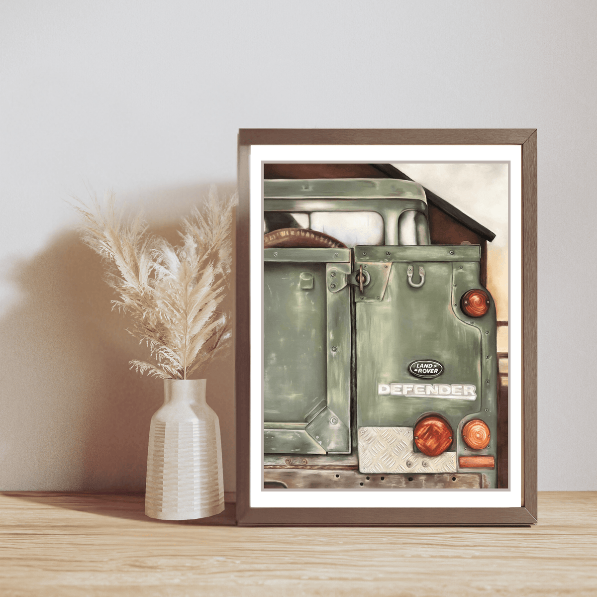 Landrover Print - Art Print | British Classic, Limited Edition framed in dark wood, styled with pampas grass. A countryside-inspired artwork for farming homes.
