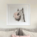 Framed pony original artwork titled 'Nosy Pony' by Georgie Turner, displayed above a beige sofa. Ideal for country home decor and equestrian art lovers.
