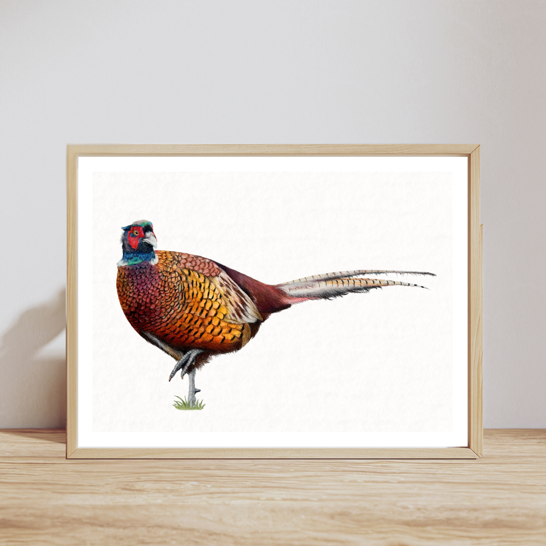 Pheasant Fine Art Print - Country Wall Art | Limited Edition displayed in a light wood frame on a wooden surface, ideal for rustic home decor.