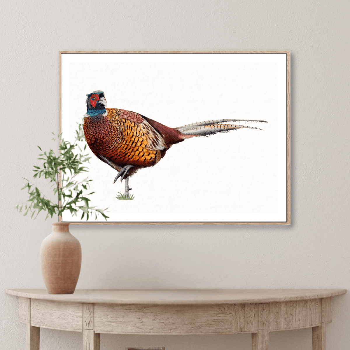 Framed Pheasant Fine Art Print - Country Wall Art | Limited Edition hung above a console table, perfect for countryside-inspired interiors.