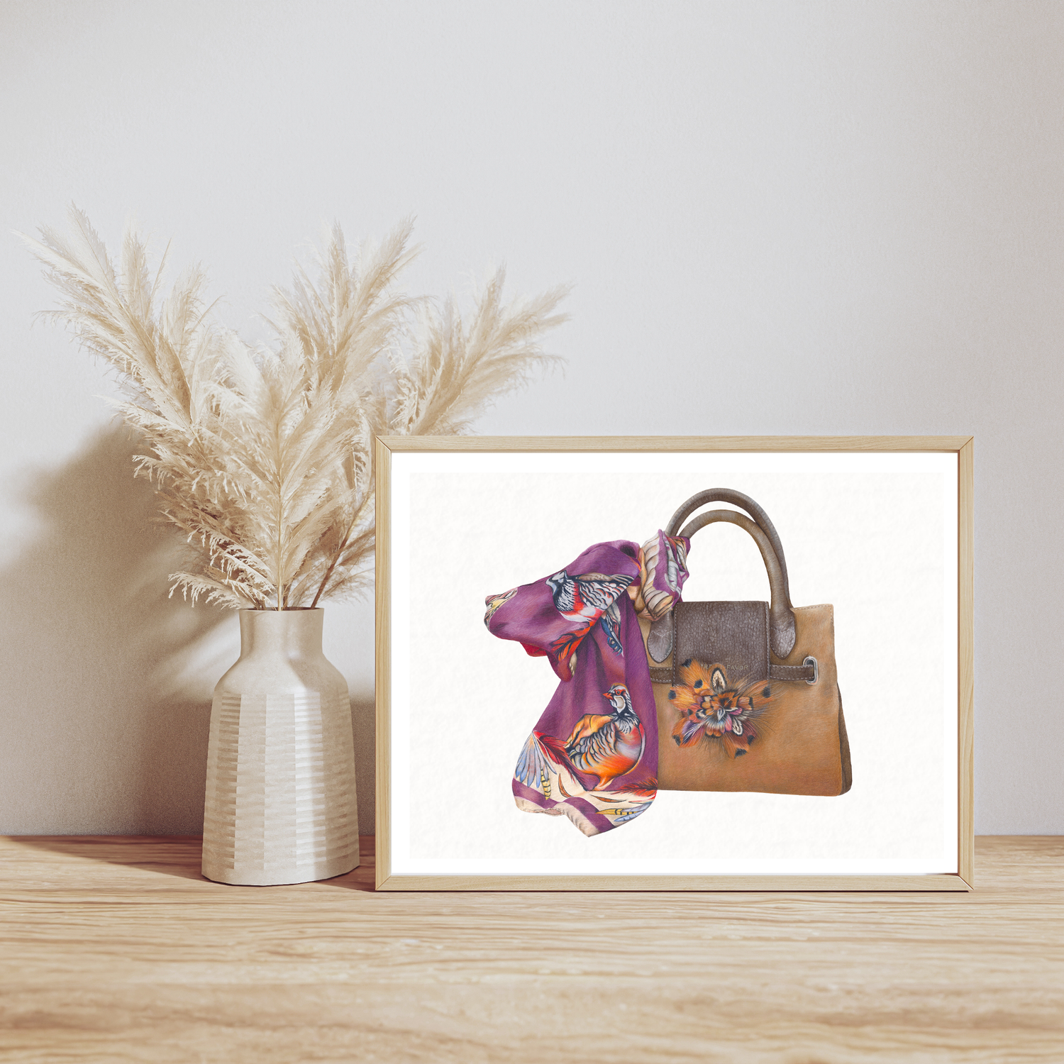 Country living inspired Bag & Scarf Fine Art Print on Paper, showcasing rural fashion accessories in a neutral-toned frame with soft home decor.