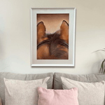 Horse riding original artwork titled 'Through The Ears' displayed above a sofa, ideal for country home decor and large equestrian wall art.