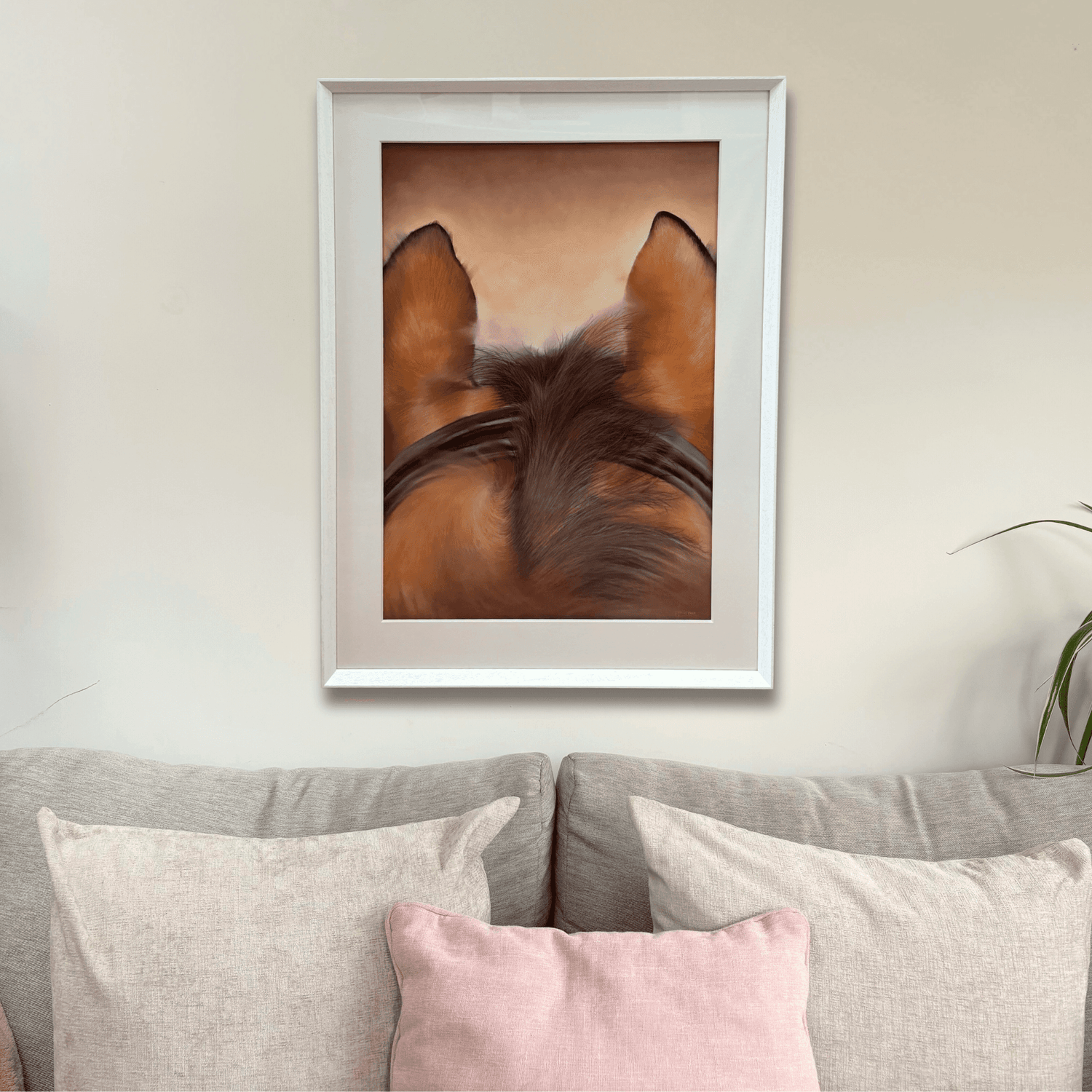 Horse riding original artwork titled 'Through The Ears' displayed above a sofa, ideal for country home decor and large equestrian wall art.
