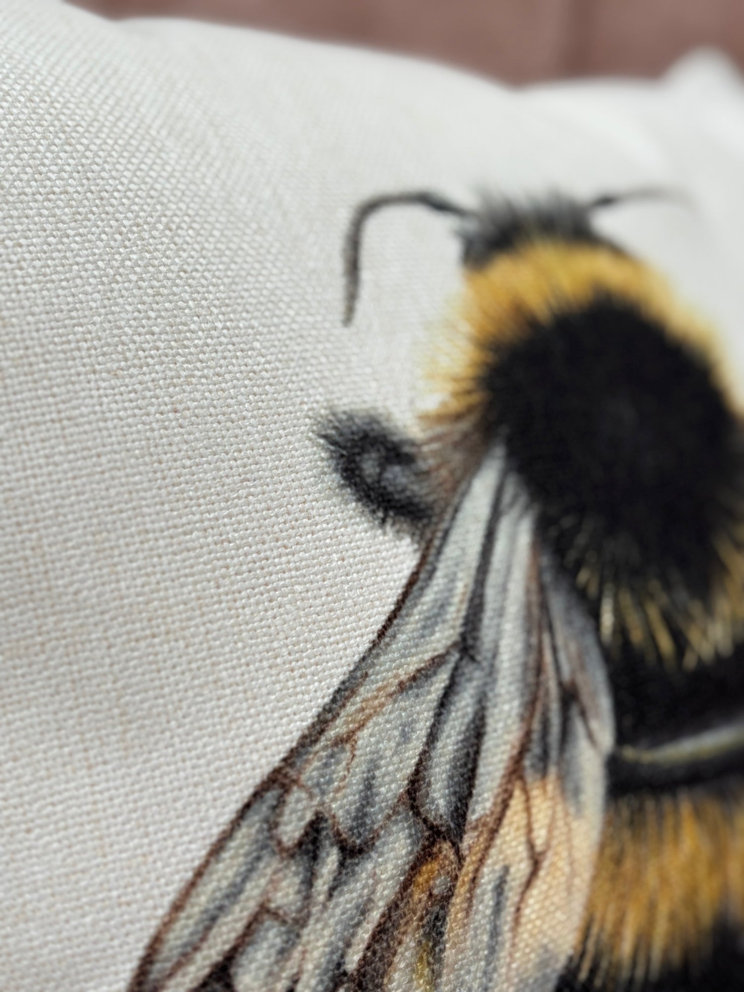 Close-up of Bumble Bee Cushion featuring detailed bee illustration on cream fabric. Ideal for country home decor and rustic living room ideas.