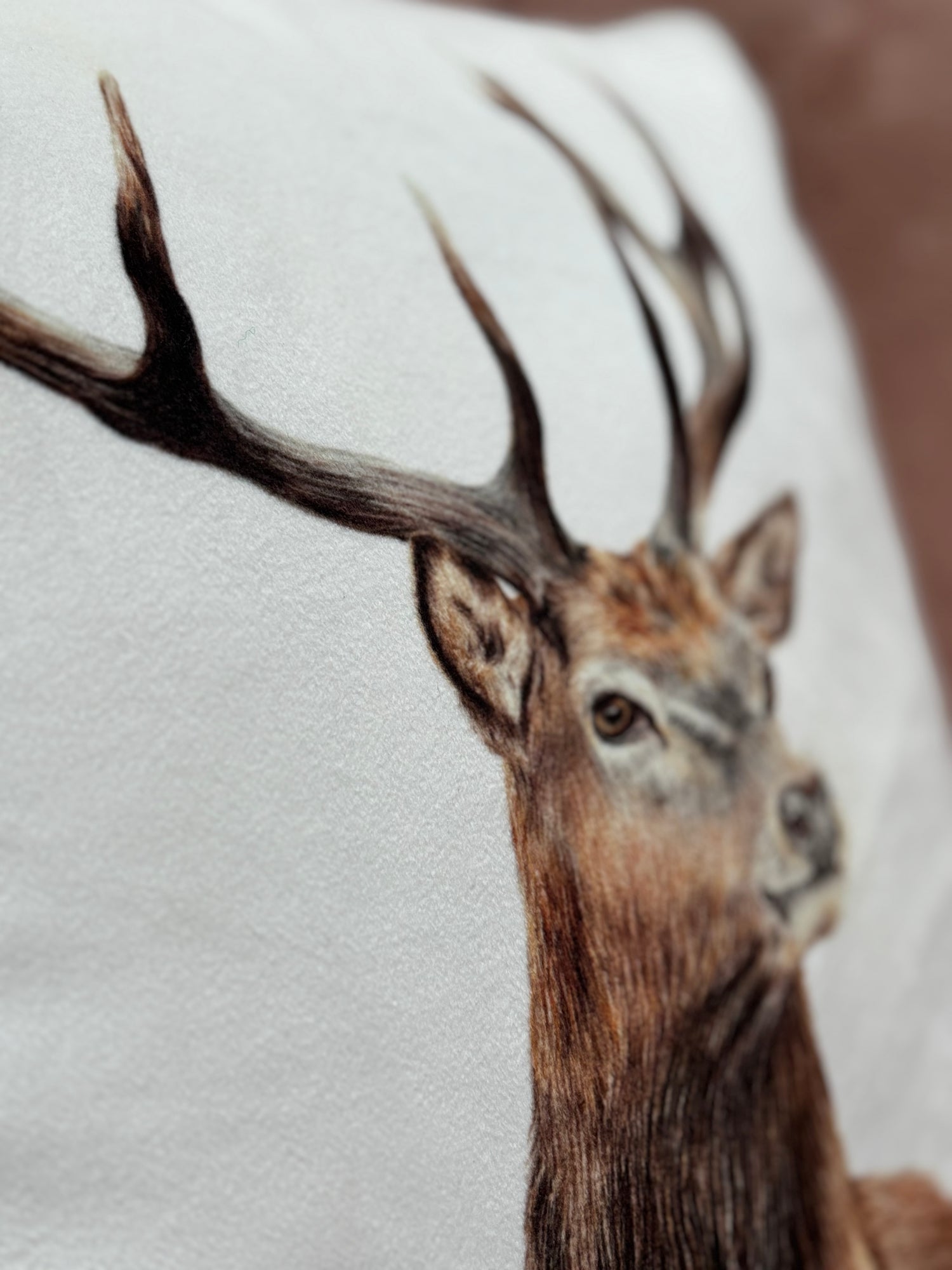 Close up detail of a stag cushion in a country home