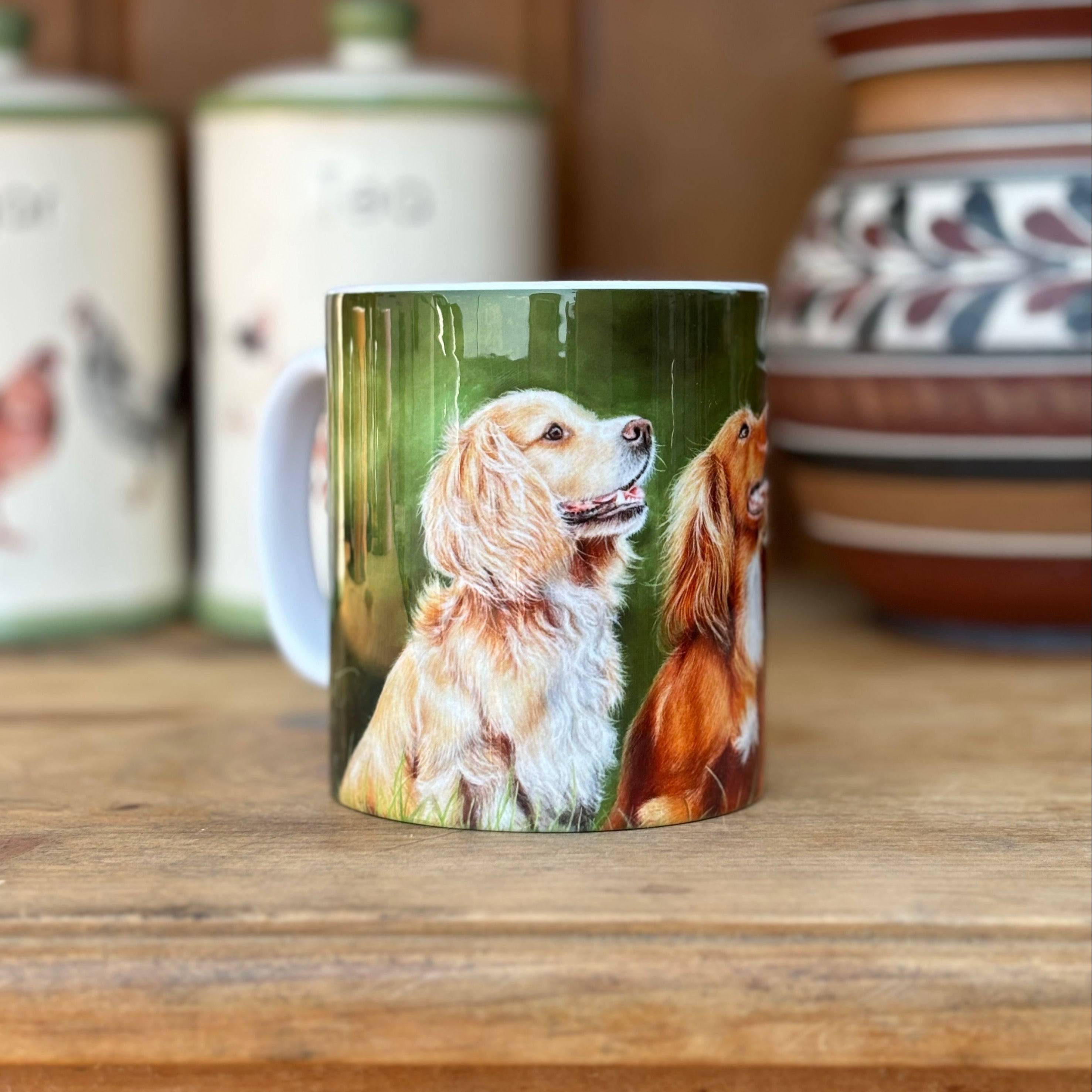 Country home decor. Dogs enjoying equestrian mugs in a horse box.