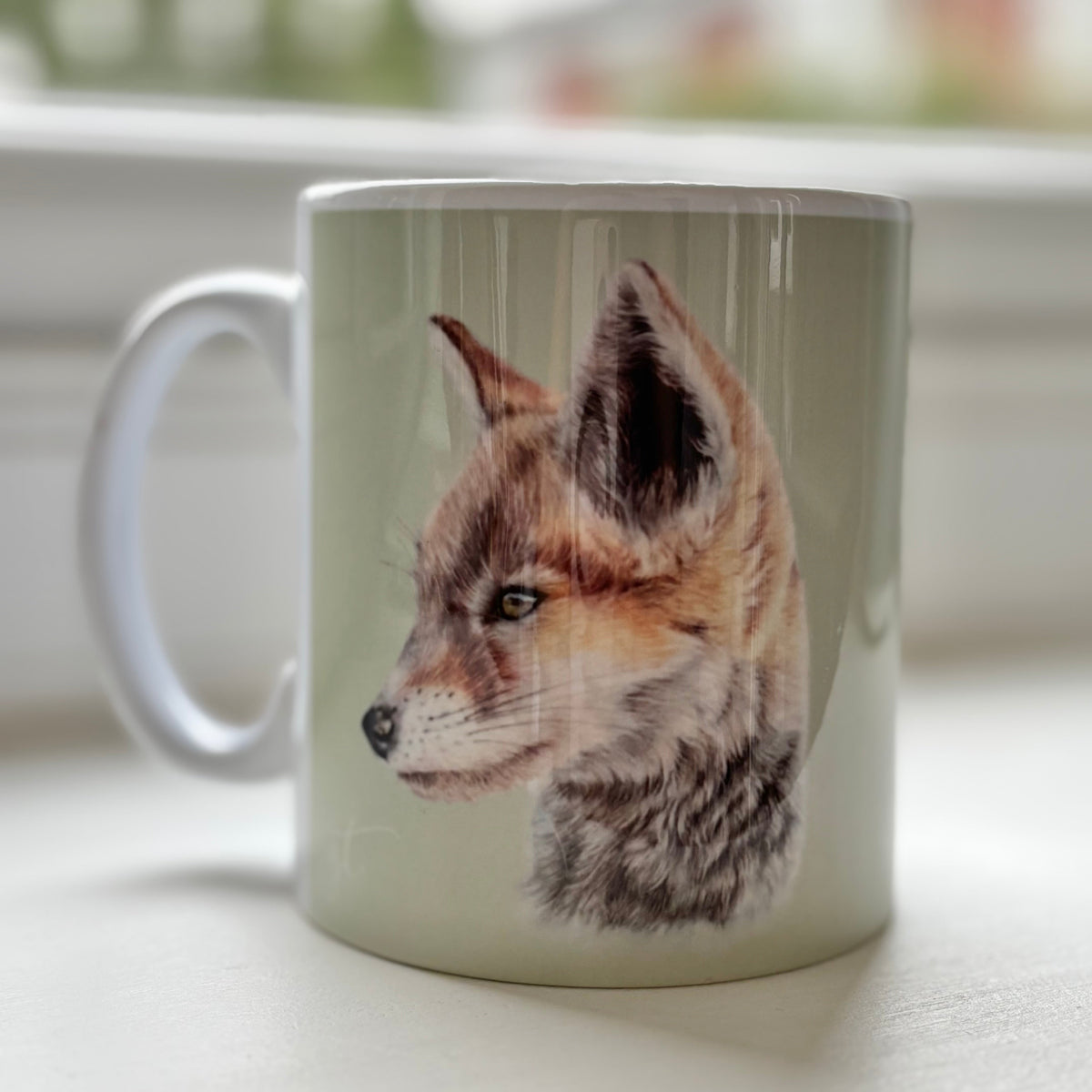 Fox Mug featuring hand-drawn British wild fox cub by Georgie Turner. Country kitchenware coffee mug perfect for animal lovers and rustic decor.