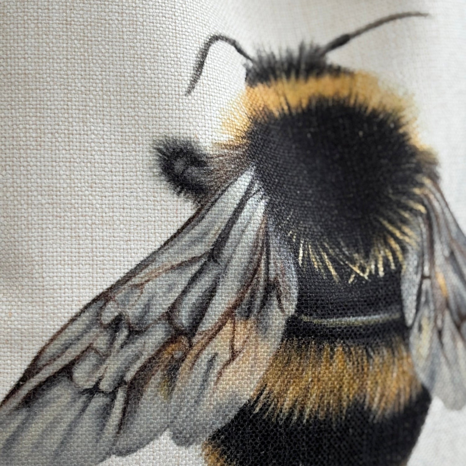 Close-up of Bumble Bee Shopping Bag showing intricate bee artwork on linen fabric. A washable, reusable tote perfect for bee and nature enthusiasts.