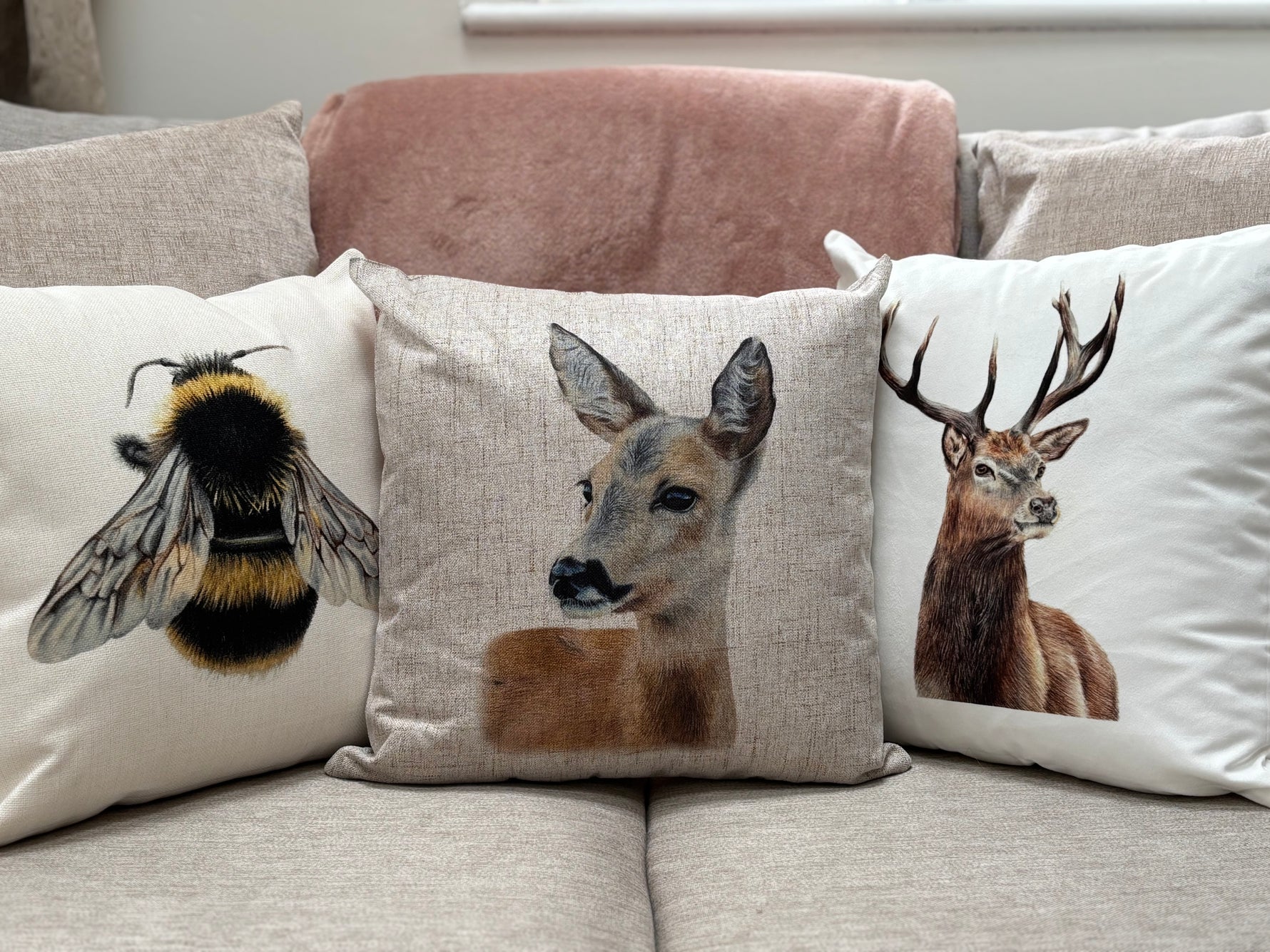 Deer custom cushion featuring a realistic deer portrait, perfect for country home decor and rustic living room ideas.