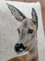 Deer Custom Cushion featuring a realistic deer illustration on textured fabric. Ideal for country home decor and rustic living room ideas.