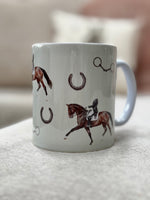Dressage Mug - Country Kitchen design featuring hand-drawn dressage horse, horseshoes, and bits. Ideal coffee mug gift for horse lovers.