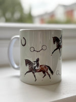 Dressage Mug - Country Kitchen with illustrated dressage horse, horseshoes, and bits. Unique coffee mug for equestrian-themed kitchens.