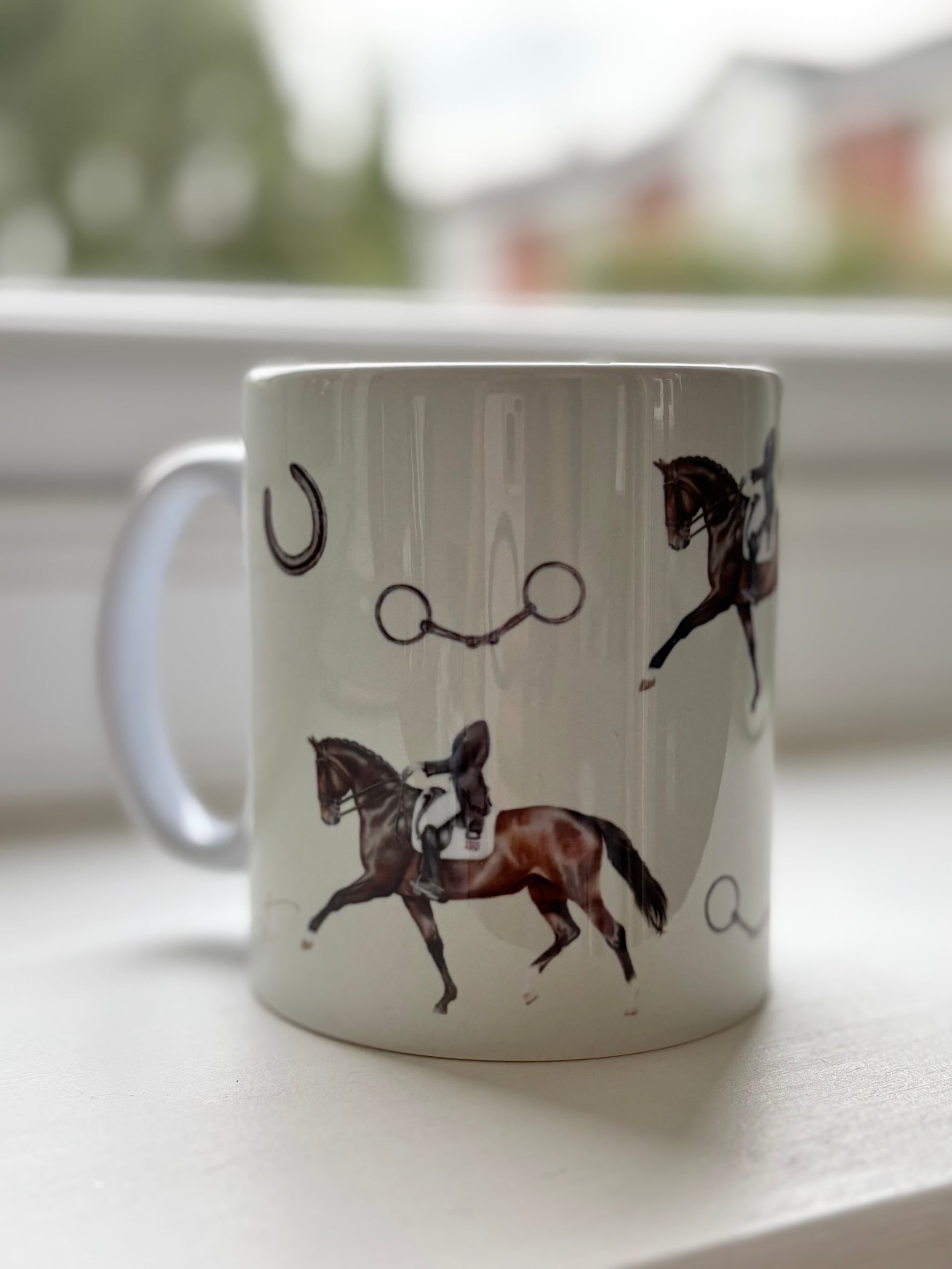 Dressage Mug - Country Kitchen with illustrated dressage horse, horseshoes, and bits. Unique coffee mug for equestrian-themed kitchens.