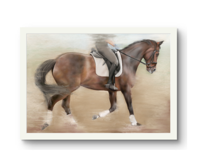 Horse with a rider in a dressage pose on a beige background