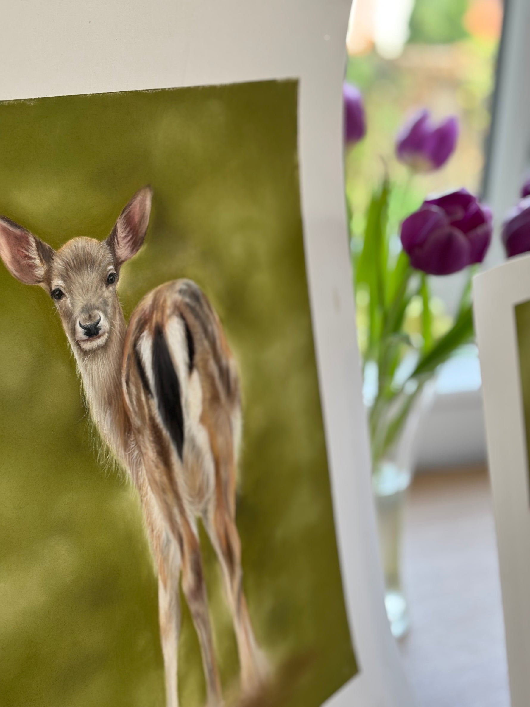 Close-up of 'Fallow Fawn' original deer painting with soft green background, showcasing wildlife detail for country home framed wall art.