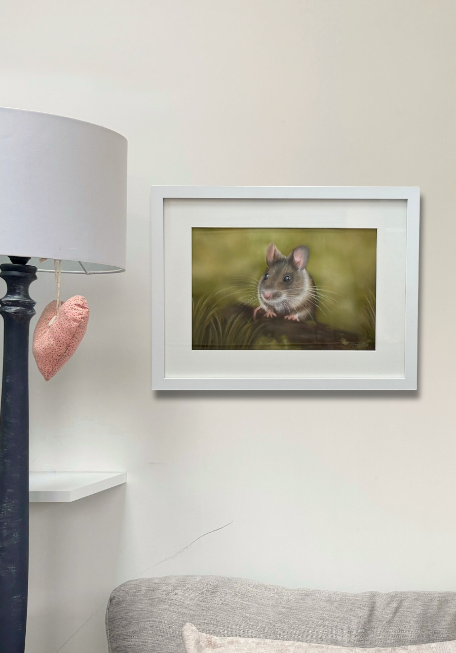 Field Mouse framed wall art hanging in a cozy living room, adding charm and warmth to country home decor with lifelike animal artwork.