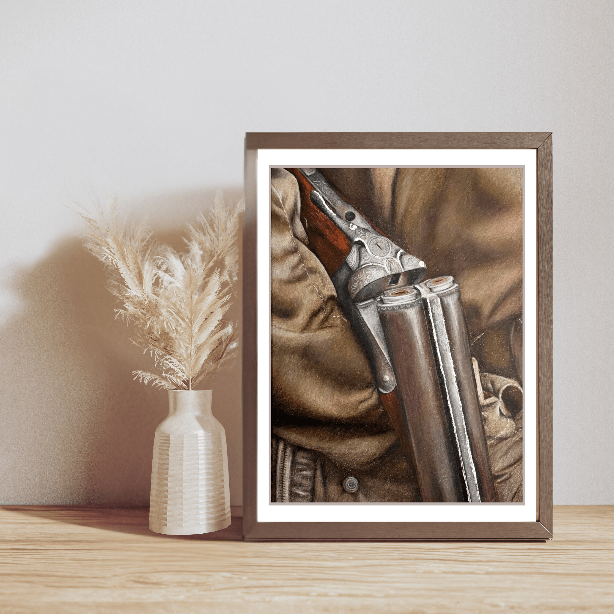 Country Shoot Art Print in dark wood frame styled with pampas grass, perfect for rustic home interiors and British countryside lovers.