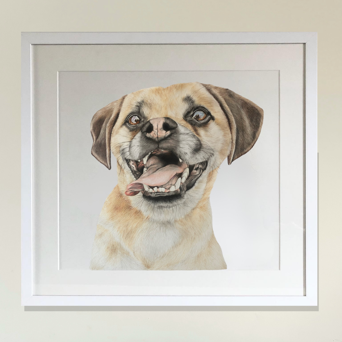 Dog original artwork titled 'Welcome Home' by Georgie Turner, framed and displayed above a grey sofa. Ideal for country home decor.