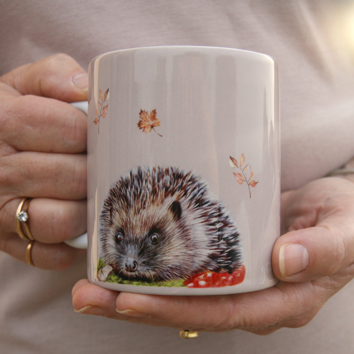Hedgehog Mug featuring hand-drawn British wild animal art by Georgie Turner. Ideal country kitchenware gift for animal lovers and coffee drinkers.