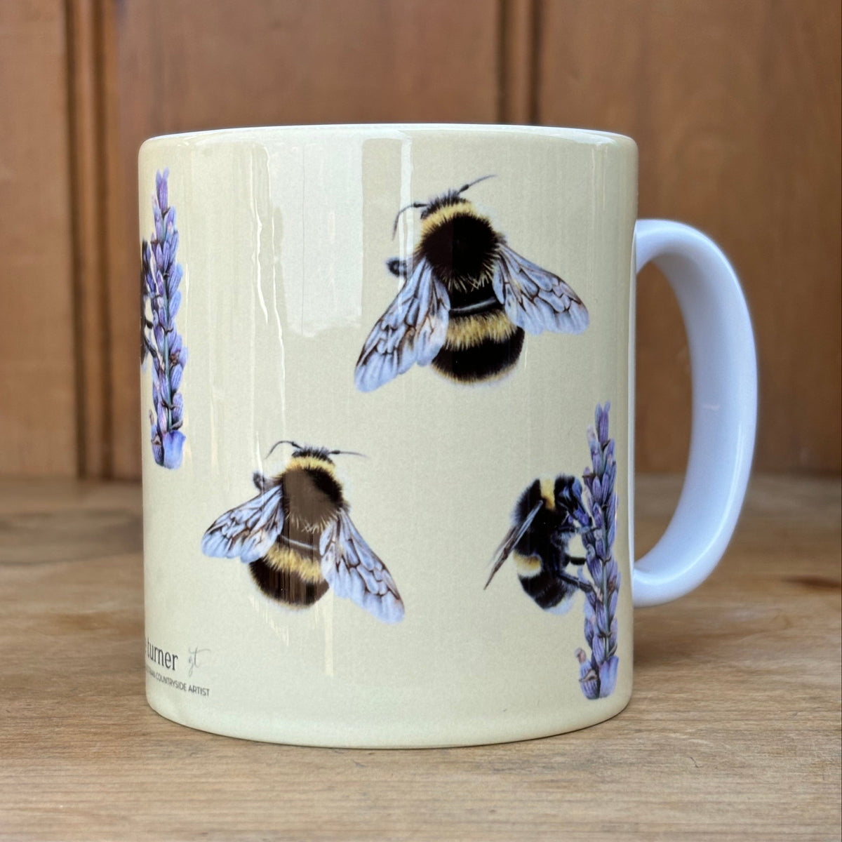 Bees Mug - Country Kitchenware with hand-drawn British wild bees and lavender on a cream ceramic coffee mug. Ideal for animal lovers' kitchens.