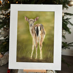 Framed photograph of a deer lying in grass next to a decorated Christmas tree.