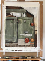 Detailed Landrover Defender painting in progress on easel, part of original art collection for rustic and country interiors.