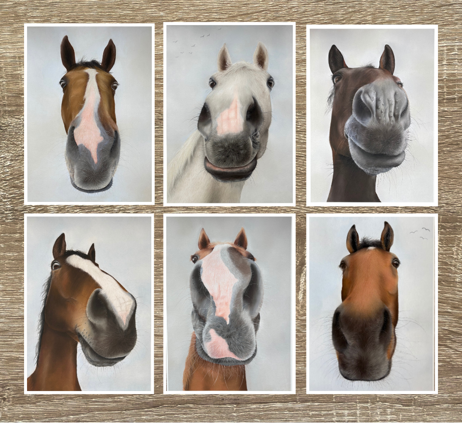 Set of six horse portraits on a wooden surface