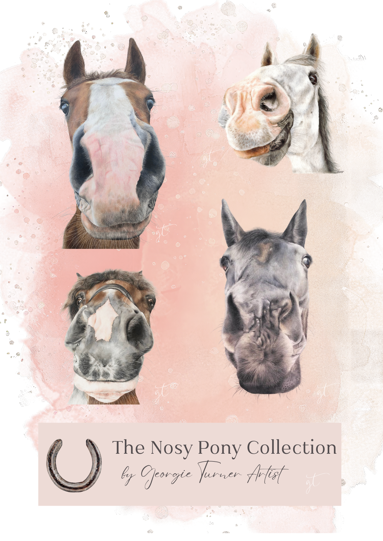 Pony Stickers stationery sheet featuring four illustrated horse faces on a pink background from The Nosy Pony Collection by Georgie Turner.