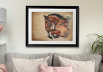 Framed showjumping horse original artwork displayed in living room, perfect for country home decor and equestrian wall art lovers.