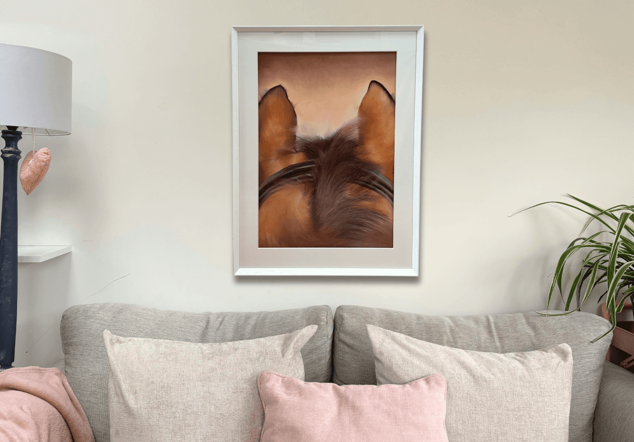 Equestrian-themed original artwork 'Through The Ears' hung above a couch, showcasing large wall art for country-inspired home interiors.