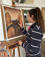Artist working on horse riding original painting 'Through The Ears', capturing detailed equestrian art for country home wall decor.