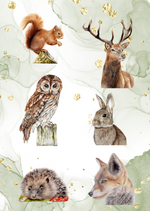 Woodland Animal Stickers sheet featuring hand-illustrated British wildlife like fox, owl, and deer on a green marbled background with gold accents.