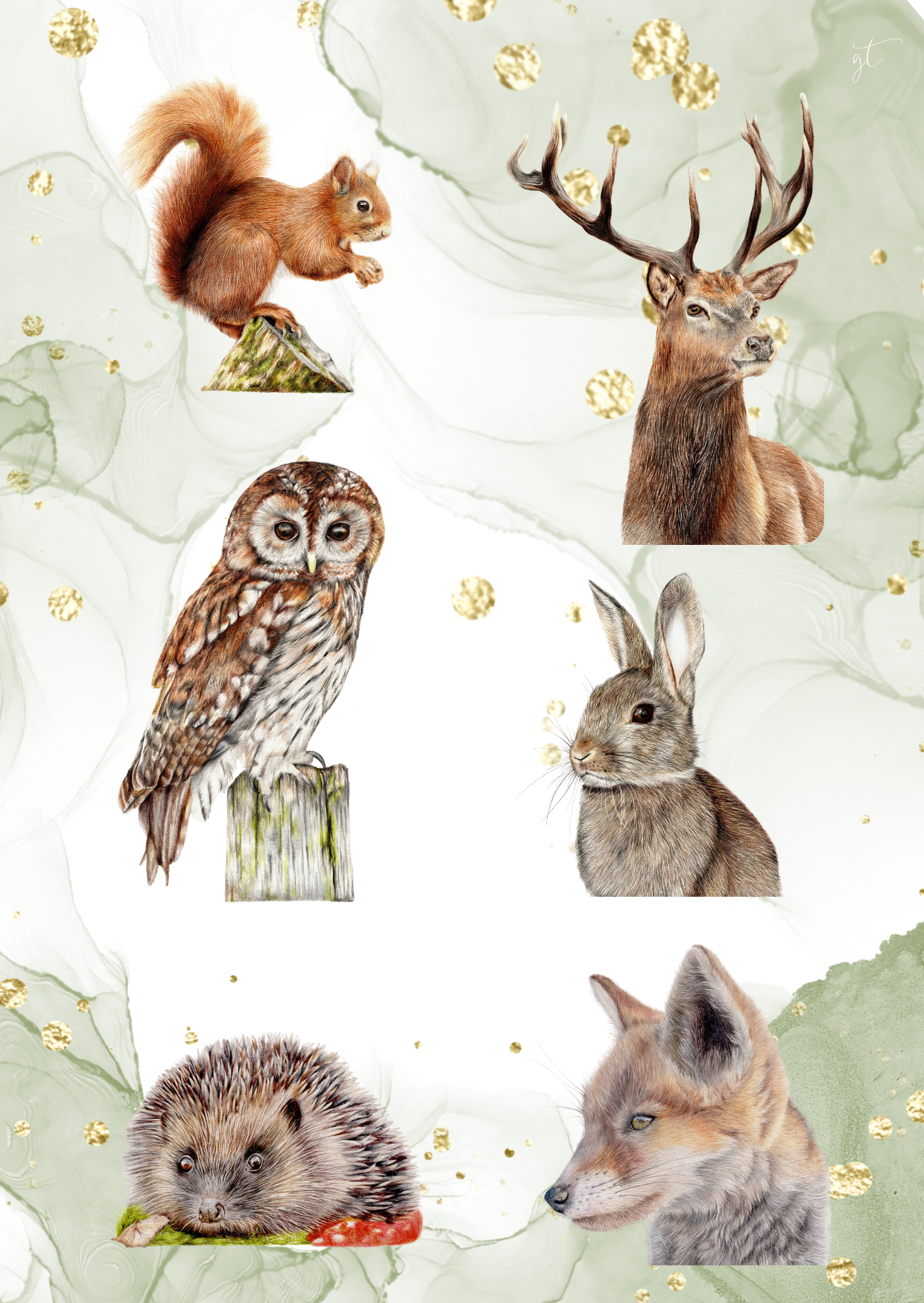 Woodland Animal Stickers sheet featuring hand-illustrated British wildlife like fox, owl, and deer on a green marbled background with gold accents.