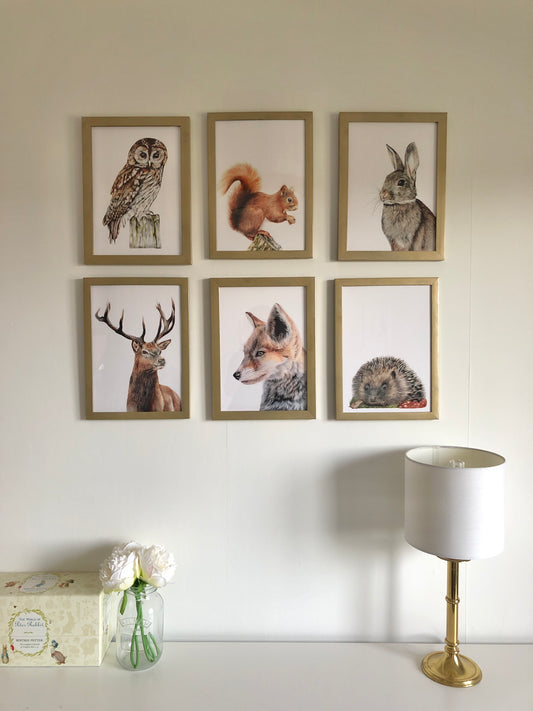 Six wildlife prints in a nursery